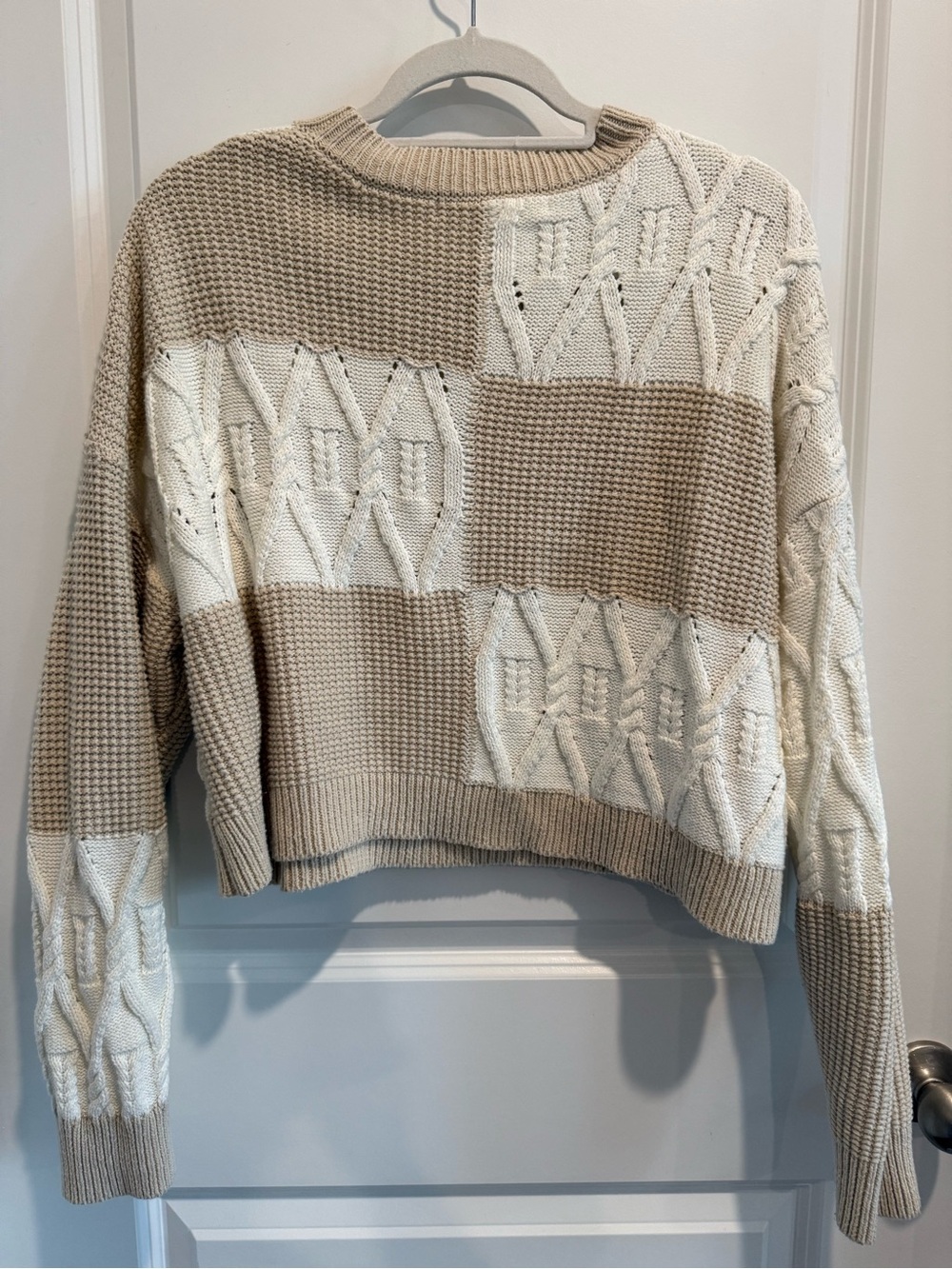 Altar'd State Beige & Cream Patchwork Cable Crewneck Sweater Cropped - Picture 2 of 2